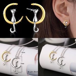 Halloween Cat on Moon 925 Sterling Silver Set